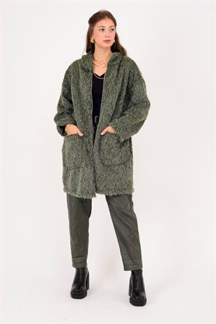 21052 Düz Desen Kapüşonlu Fermuarlı Keçe Kaban