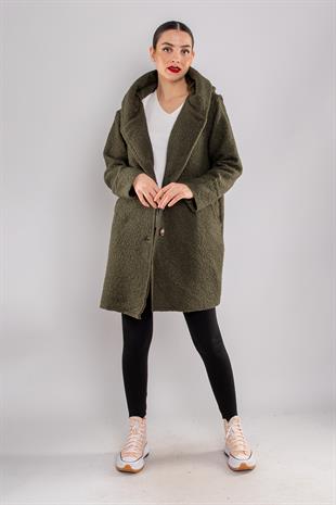 21224 4 Düğmeli Kapüşonlu Keçe Kaban