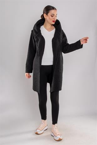 21224 4 Düğmeli Kapüşonlu Keçe Kaban