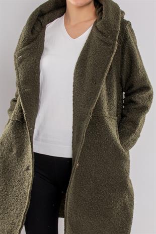 21224 4 Düğmeli Kapüşonlu Keçe Kaban