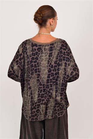 21812 Leopar Desen Vyaka Simli Bluz