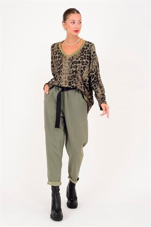 21812 Leopar Desen Vyaka Simli Bluz