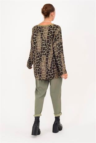 21812 Leopar Desen Vyaka Simli Bluz