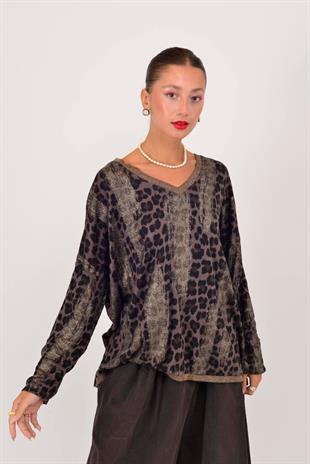 21812 Leopar Desen Vyaka Simli Bluz