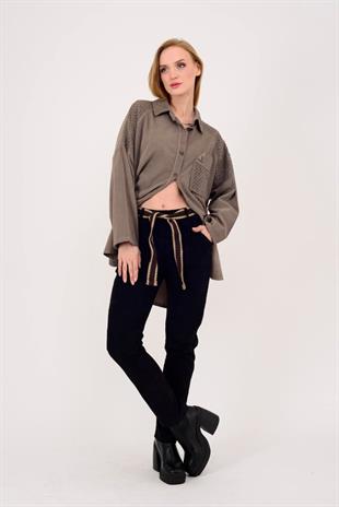 22036 Hasır Kemerli Kadife Pantolon