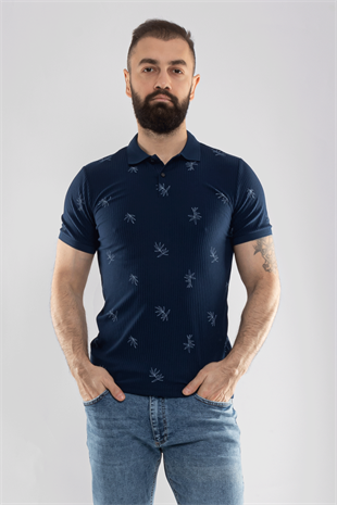 2464Y Polo Yaka Kendinden Desenli Çizgili Dal Desen Tshirt