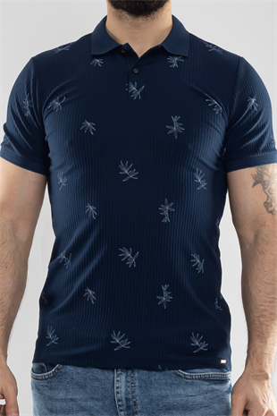 2464Y Polo Yaka Kendinden Desenli Çizgili Dal Desen Tshirt