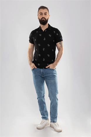 2464Y Polo Yaka Kendinden Desenli Çizgili Dal Desen Tshirt