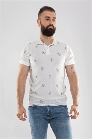 2464Y Polo Yaka Kendinden Desenli Çizgili Dal Desen Tshirt