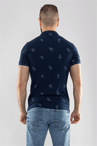 2464Y Polo Yaka Kendinden Desenli Çizgili Dal Desen Tshirt