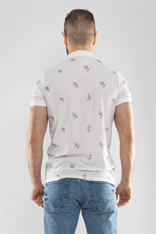 2464Y Polo Yaka Kendinden Desenli Çizgili Dal Desen Tshirt