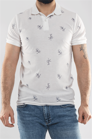 2464Y Polo Yaka Kendinden Desenli Çizgili Dal Desen Tshirt