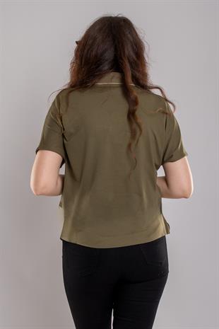 24E082 Polo Yaka Düğmeli Kısa Kol Viscon Bluz