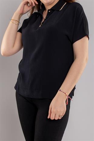24E082 Polo Yaka Düğmeli Kısa Kol Viscon Bluz