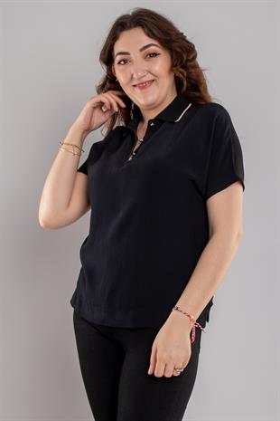 24E082 Polo Yaka Düğmeli Kısa Kol Viscon Bluz