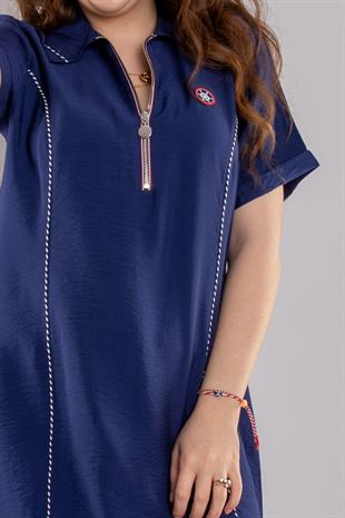 24E108 Polo Yaka Fermuarlı Viscon Kısa Kol Bluz