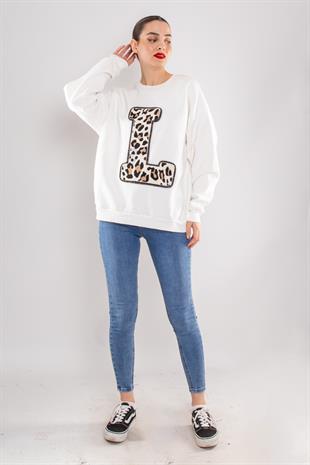 24K17777 Leopar L Baskı Fermuarlı Baskı Nakış Detay İçi Şardonlu Sweat