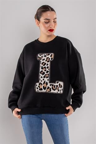 24K17777 Leopar L Baskı Fermuarlı Baskı Nakış Detay İçi Şardonlu Sweat