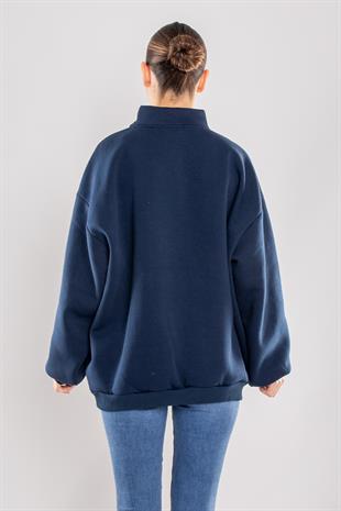 24K17796 Dik Yaka Fermuarlı Desenli İçi Şardonlu Sweat