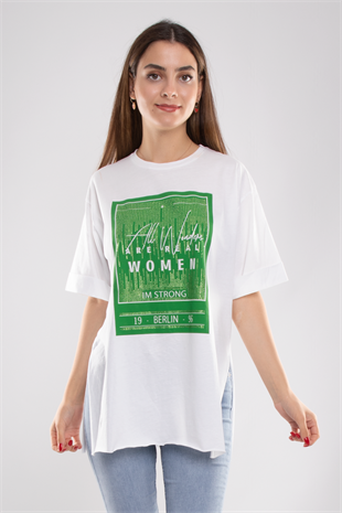 2579 Yanı Yırtmaçlı Taşlı Oversize Kadın Tshirt