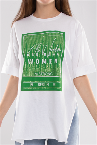 2579 Yanı Yırtmaçlı Taşlı Oversize Kadın Tshirt