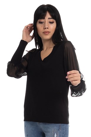 260 V Yaka Şifon Kollu Triko Bluz