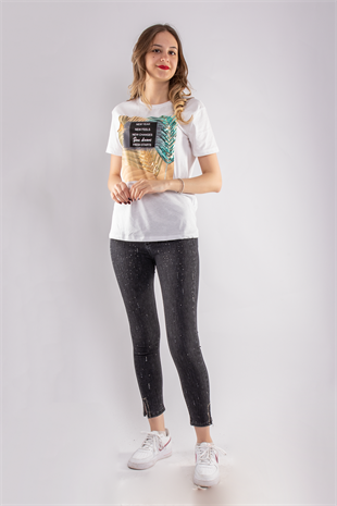 2609 Payetli Yaprak Desen Kadın Tshirt