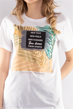 2609 Payetli Yaprak Desen Kadın Tshirt