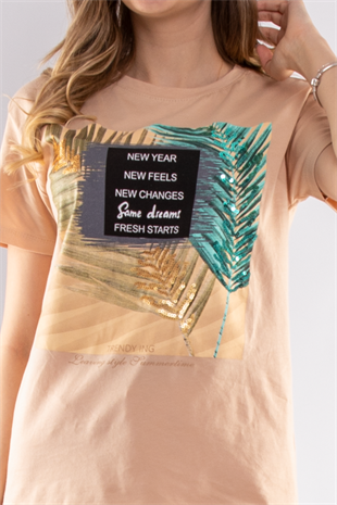 2609 Payetli Yaprak Desen Kadın Tshirt