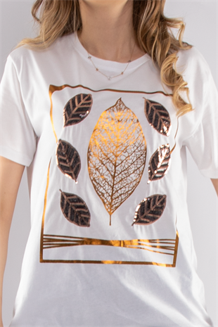 2652 Yaldızlı Yaprak Desen Payet Detay Kadın Tshirt