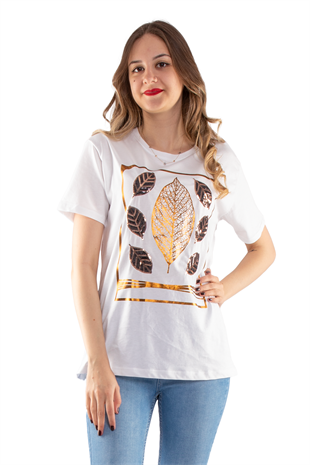 2652 Yaldızlı Yaprak Desen Payet Detay Kadın Tshirt