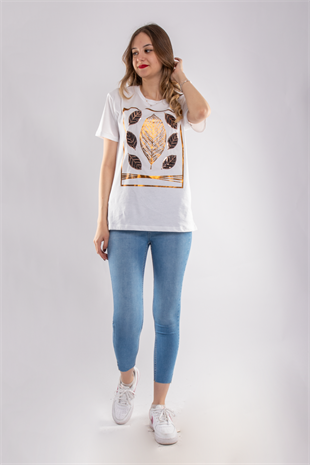 2652 Yaldızlı Yaprak Desen Payet Detay Kadın Tshirt