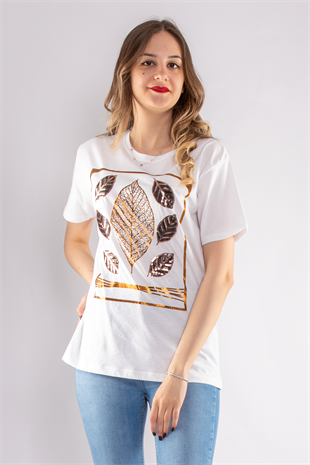 2652 Yaldızlı Yaprak Desen Payet Detay Kadın Tshirt