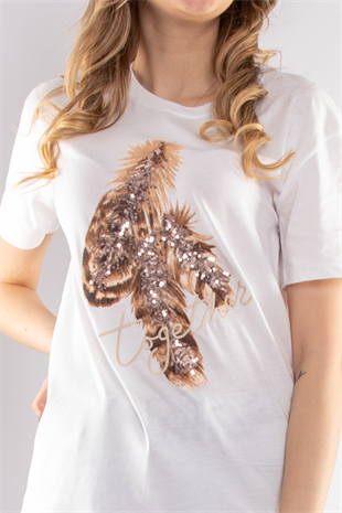 2705 Payetli Tüy Baskılı Kadın Tshirt