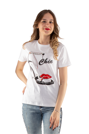 2733 Taşlı Ayakkabı Baskılı Kadın Tshirt