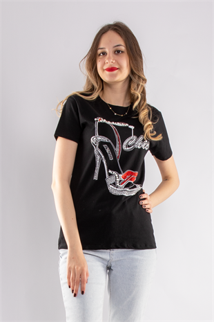 2733 Taşlı Ayakkabı Baskılı Kadın Tshirt