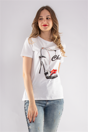 2733 Taşlı Ayakkabı Baskılı Kadın Tshirt