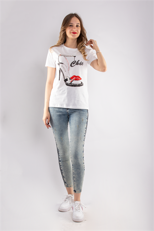 2733 Taşlı Ayakkabı Baskılı Kadın Tshirt