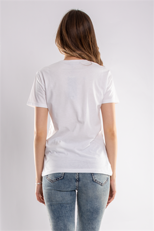 2733 Taşlı Ayakkabı Baskılı Kadın Tshirt