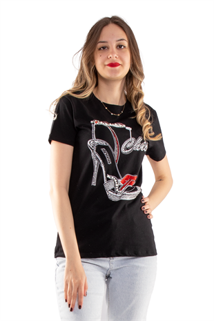 2733 Taşlı Ayakkabı Baskılı Kadın Tshirt