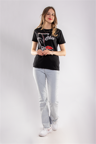 2733 Taşlı Ayakkabı Baskılı Kadın Tshirt