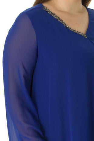304 BB V Yaka Patı Taşlı Şifon Tunik