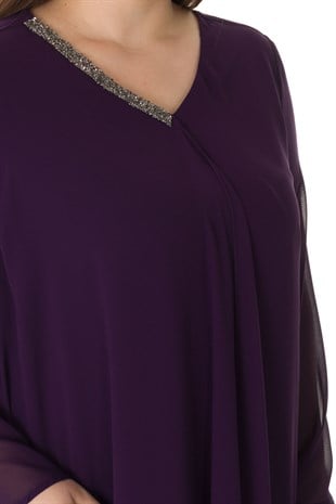 304 BB V Yaka Patı Taşlı Şifon Tunik