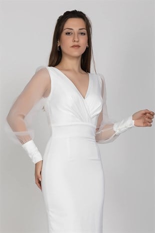 3042 Kruvaze Yaka Organze Tül Kol Kısa Saten Elbise
