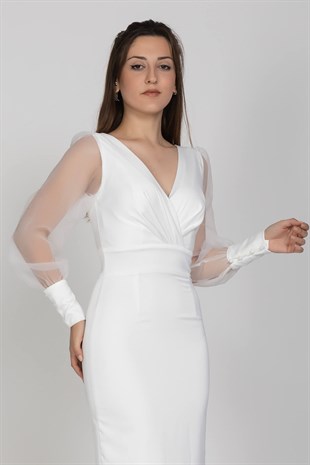 3042 Kruvaze Yaka Organze Tül Kol Kısa Saten Elbise