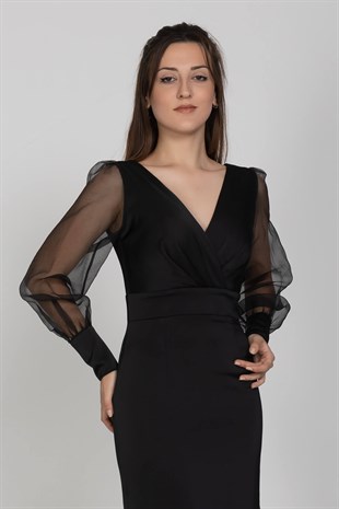 3042 Kruvaze Yaka Organze Tül Kol Kısa Saten Elbise