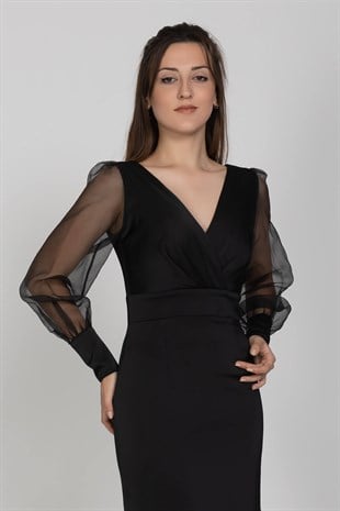 3042 Kruvaze Yaka Organze Tül Kol Kısa Saten Elbise