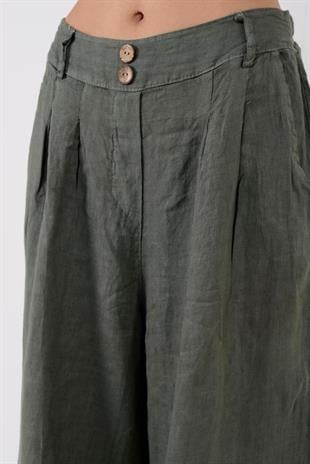 30550 Düz Desen Düğme Detaylı Keten Pantolon