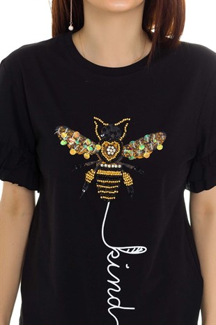 3060 Arı Baskılı Boncuklu Tshirt