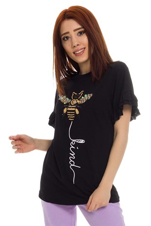 3060 Arı Baskılı Boncuklu Tshirt